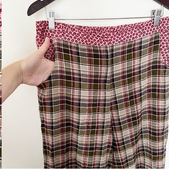 Anthropologie Plaid Floral Waistband Wide Leg Pants Pink/Brown Size 10 Cotton - Picture 5 of 10
